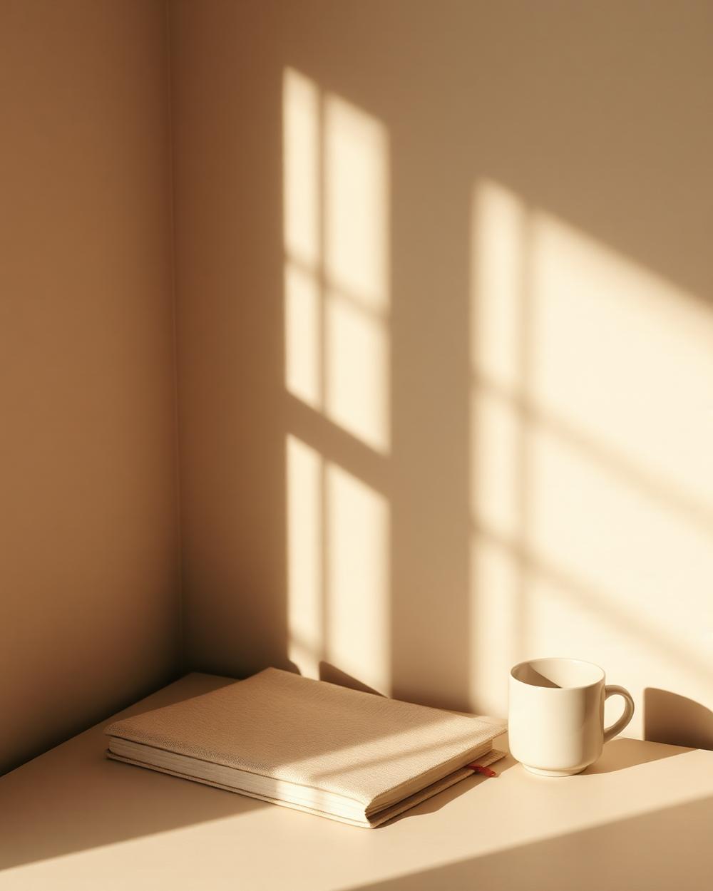 Mesa de trabalho iluminada pela luz da manhã, com caderno fechado e uma xícara